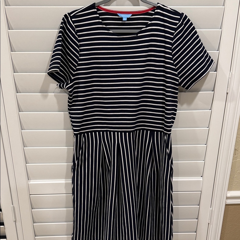 Draper James Navy and White Striped Short Sleeve Midi Dress